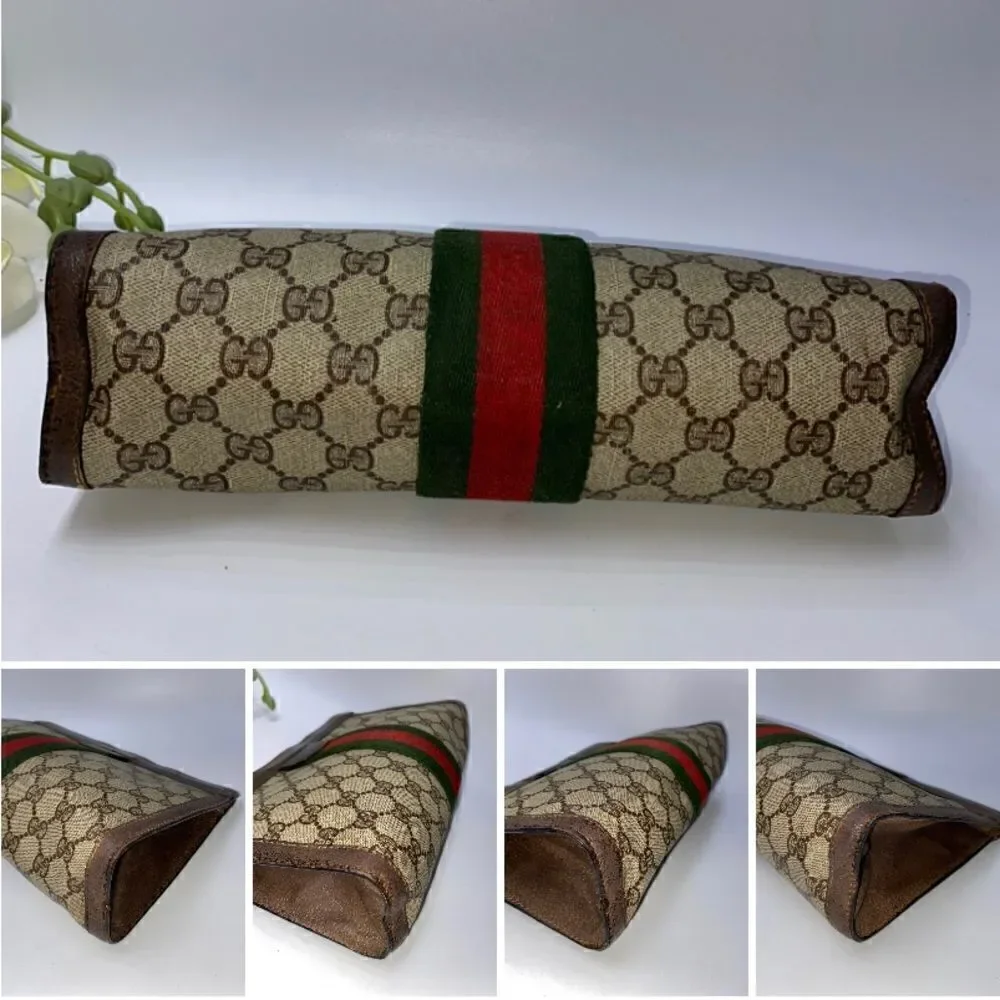 💎Gorgeous💎 Authentic GUCCI Web Sherry Line GG Logo Canvas/Leather Clut…